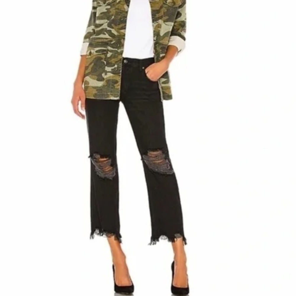 FREE PEOPLE NWT Maggie Mid Rise Strait Washed Black Distressed Jeans‎ Size 24 - Picture 2 of 12